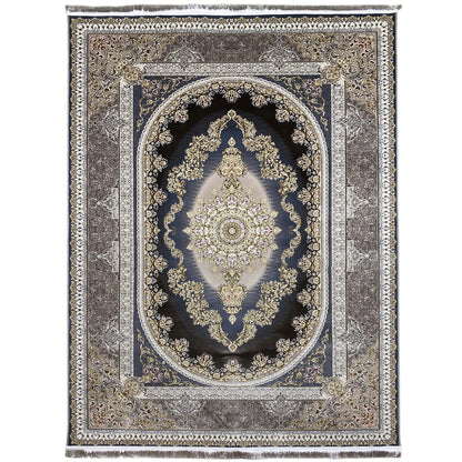 Oriental rug 170x240 cm with an oval medallion, dark blue background, and gold ornaments