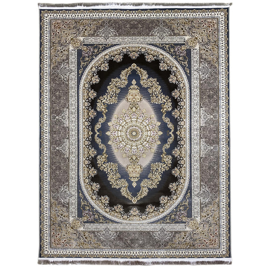 Oriental rug 170x240 cm with an oval medallion, dark blue background, and gold ornaments