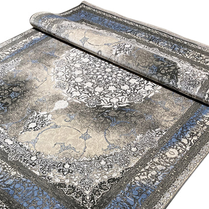 Beige and blue rug with an ornamental pattern, curved edge, approx. 170x240 cm