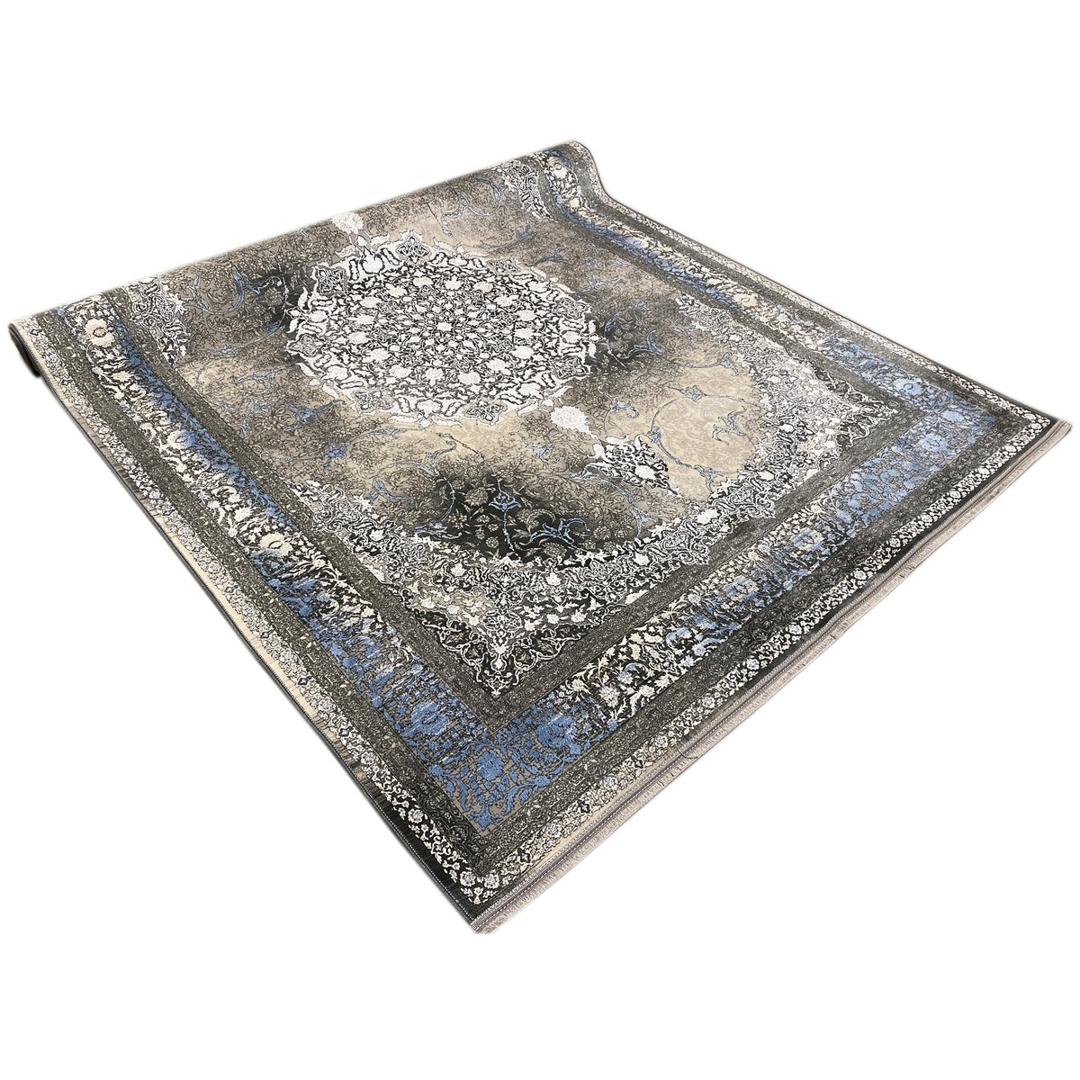 Beige rug with a blue accent border and Baroque ornament, approx. 170x240 cm
