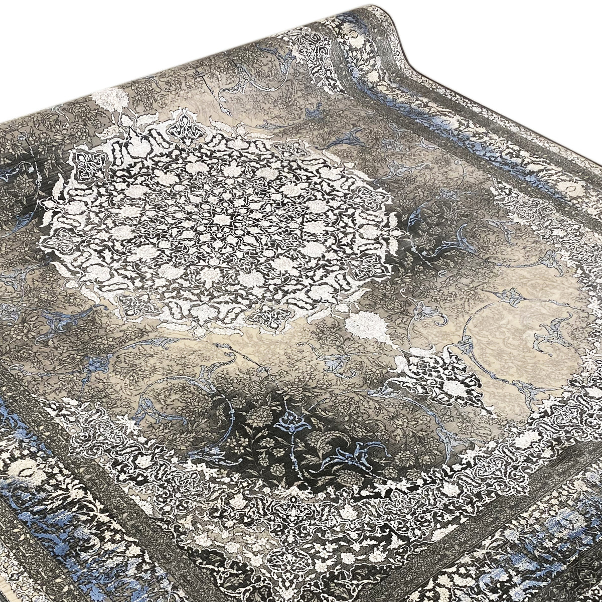Rug with a white baroque pattern and blue lines, beige and dark gray, approx. 170x240 cm