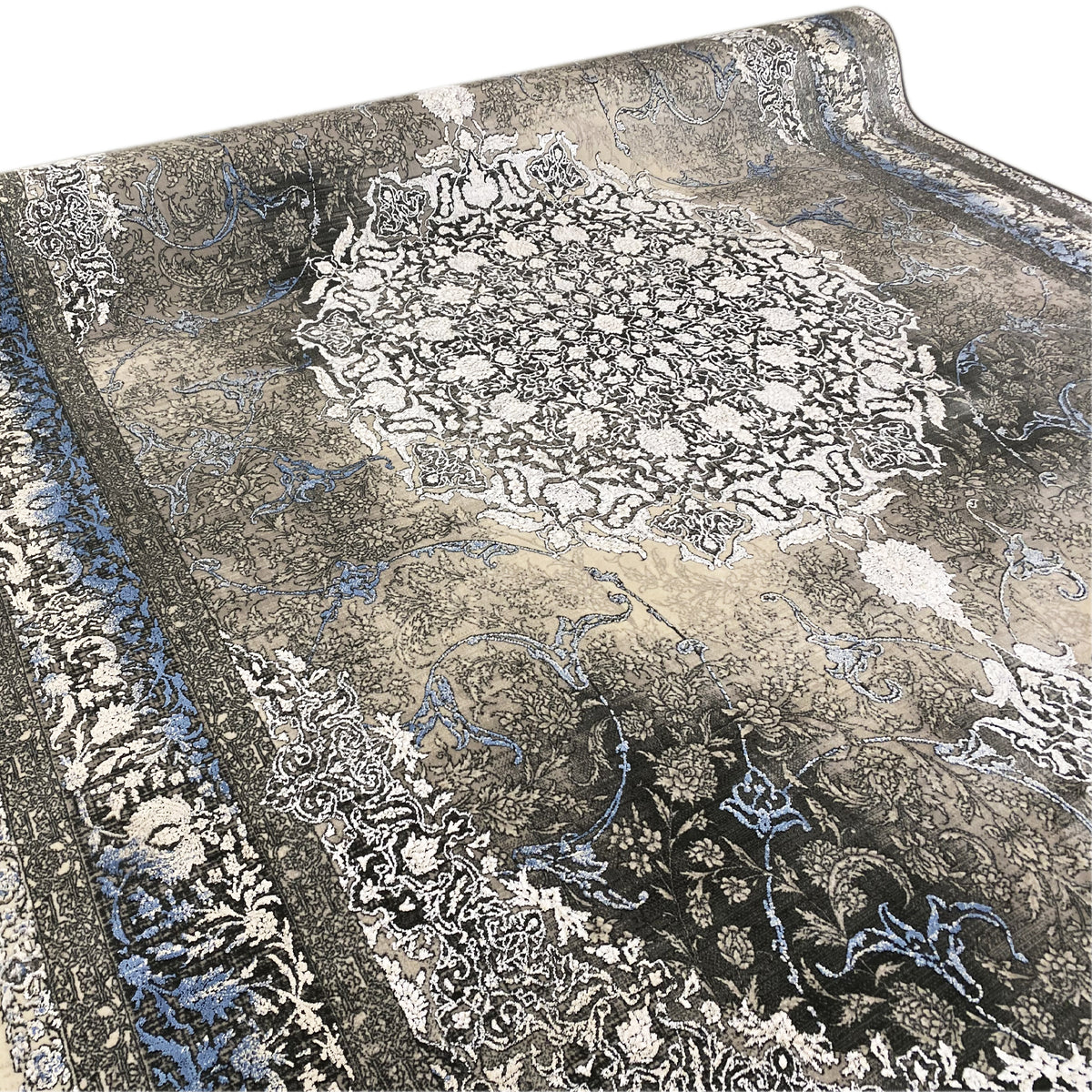 Rug in dark gray, beige, and blue with paisley and ornamental print, approx. 170x240 cm