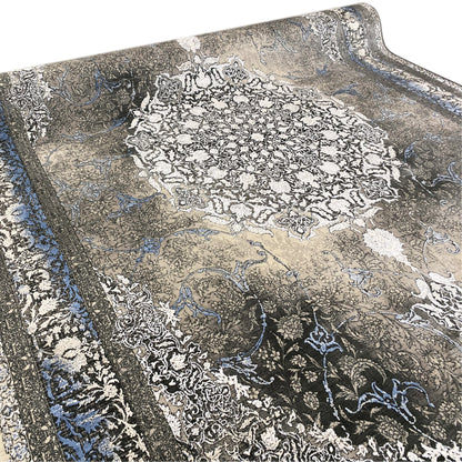 Rug in dark gray, beige, and blue with paisley and ornamental print, approx. 170x240 cm