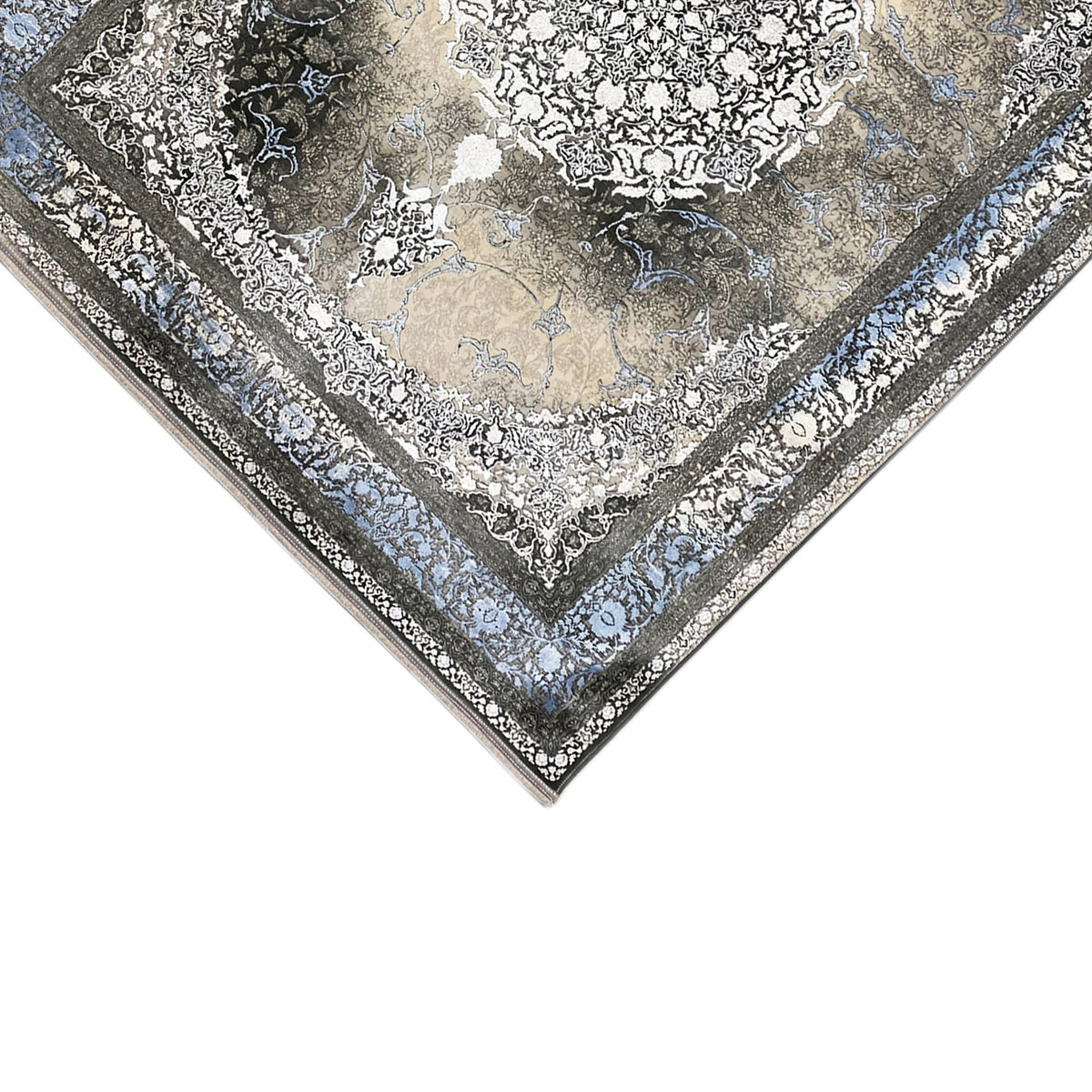 Rug 170x240 cm diagonal view with a blue decorative border and detailed medallion
