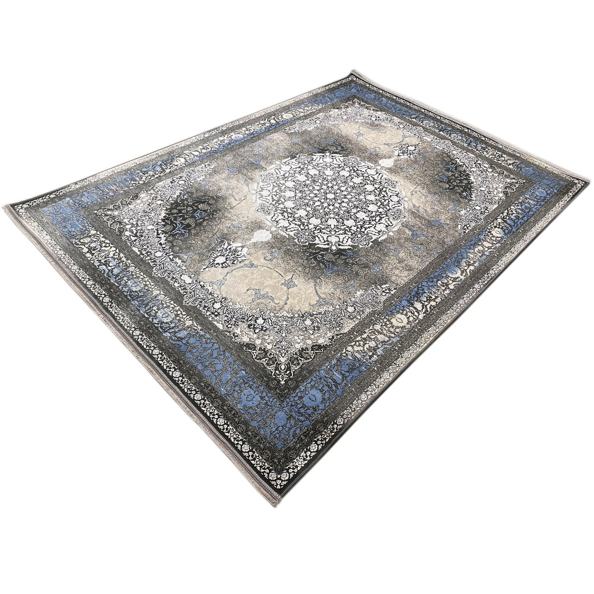 Rug 170x240 cm, rectangular, silver-gray with a blue border and ornamental motifs