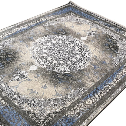 Rug 170x240 cm close-up: ornate center, blue-gray border edge
