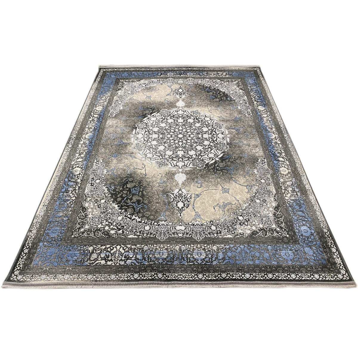 Large 170x240 cm rug, fully unrolled, silver-gray with a blue decorative stripe