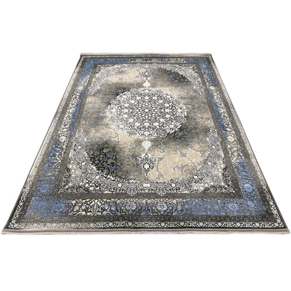 Large 170x240 cm rug, fully unrolled, silver-gray with a blue decorative stripe
