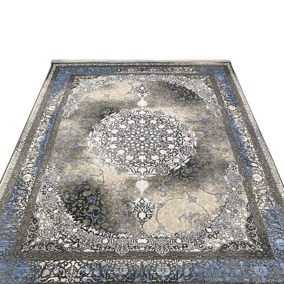 Rug 170x240 cm, front view, Baroque pattern, blue border and dark accents