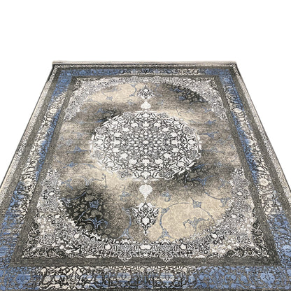 Rug 170x240 cm, front view, Baroque pattern, blue border and dark accents