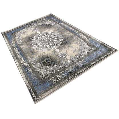 Rug 170x240 cm, lying at an angle, edged in blue with delicate ornamental tendrils