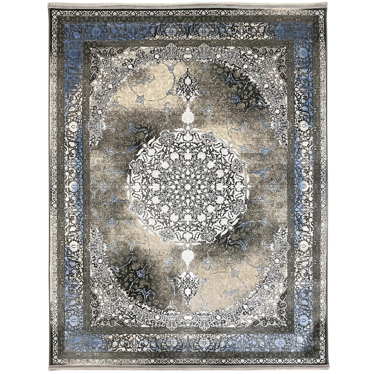Rug 170x240 cm with a baroque pattern, blue border, and silver-gray surface