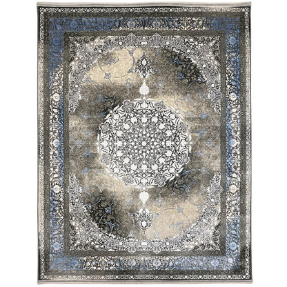 Rug 170x240 cm with a baroque pattern, blue border, and silver-gray surface
