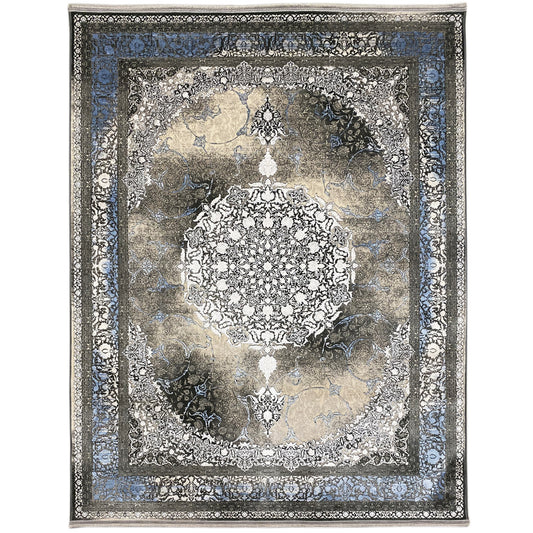 Rug 170x240 cm with a baroque pattern, blue border, and silver-gray surface