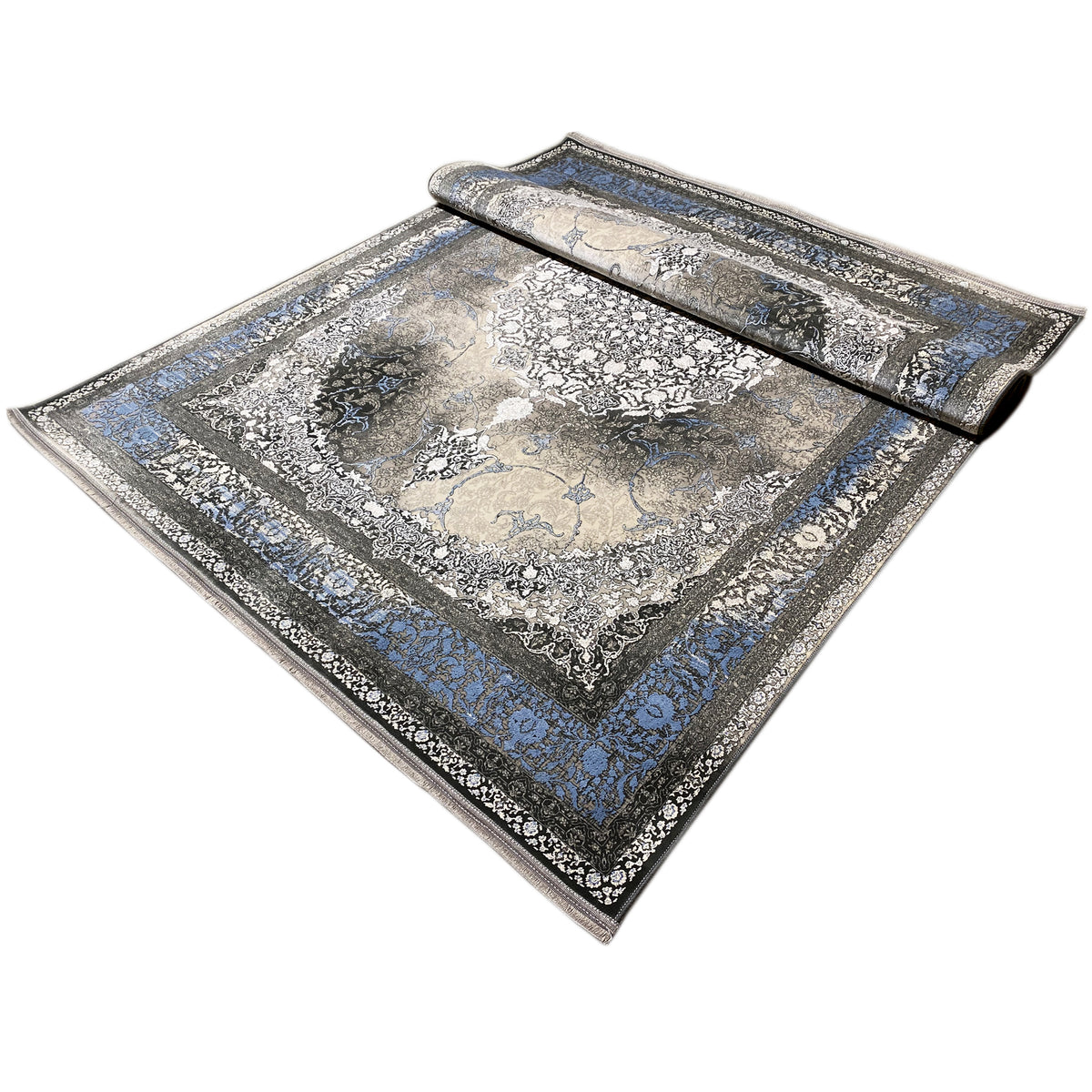 Rug 170x240 cm with folded edge, blue border, and medallion pattern