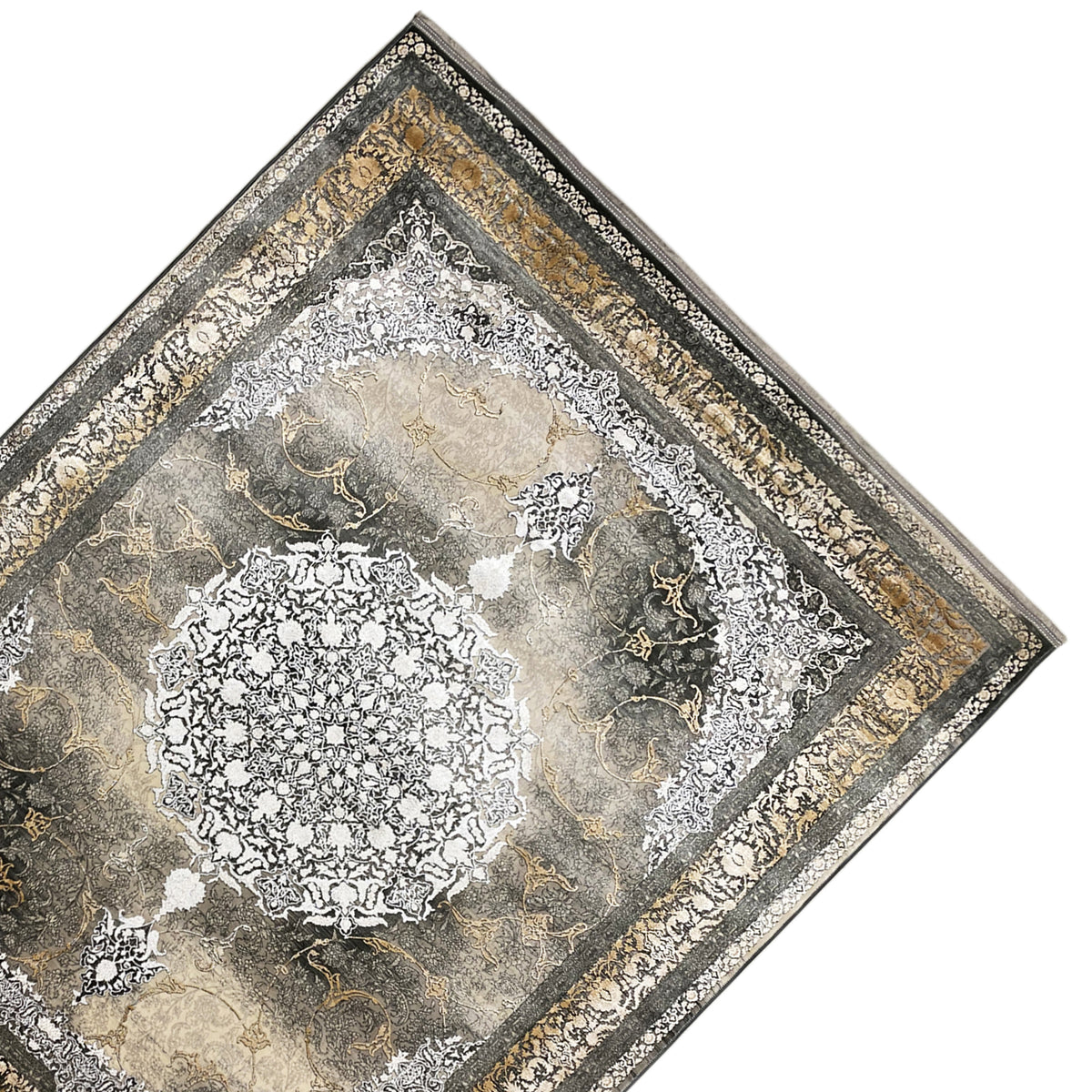 Rug 170x240 cm with an ornamental smoke brown-gray design and gold-colored decorative border