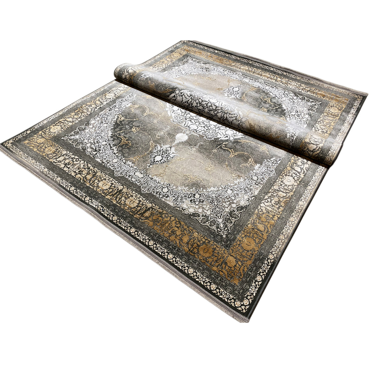 Rug 170x240 cm, rolled-up view: gray ornamental pattern with a gold-colored border