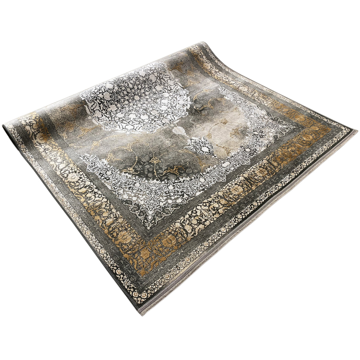 Rug 170x240 cm, smoky brown with a floral gold border and light Baroque pattern