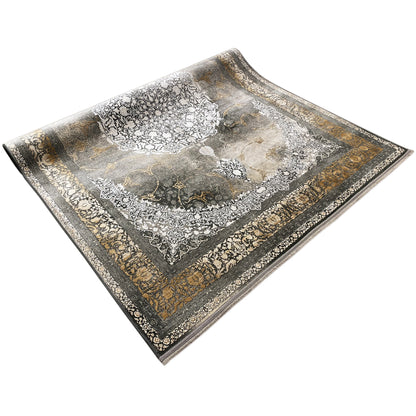 Rug 170x240 cm, smoky brown with a floral gold border and light Baroque pattern
