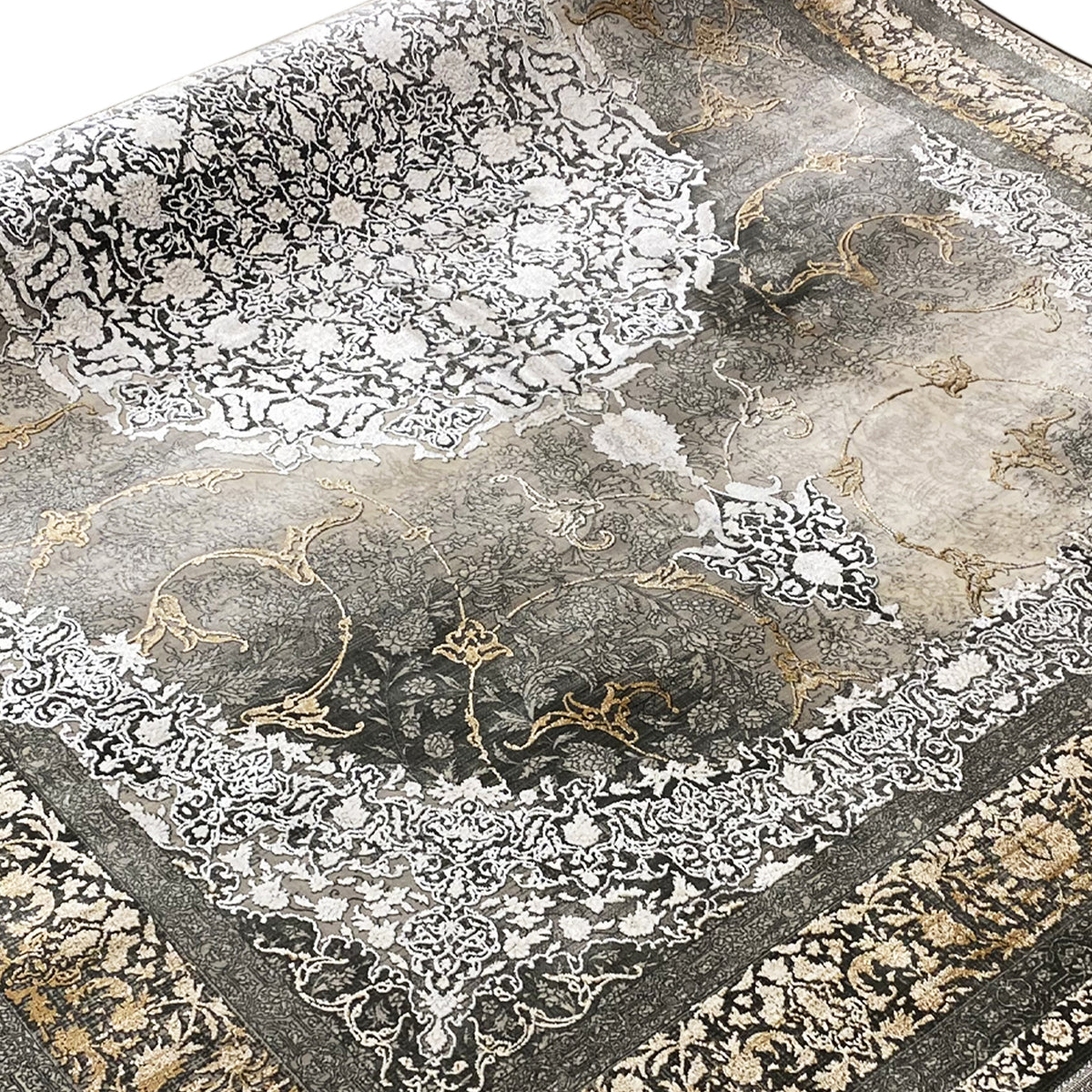 Rug surface with a smoky brown base and white-gold ornaments, prominently featured in the center