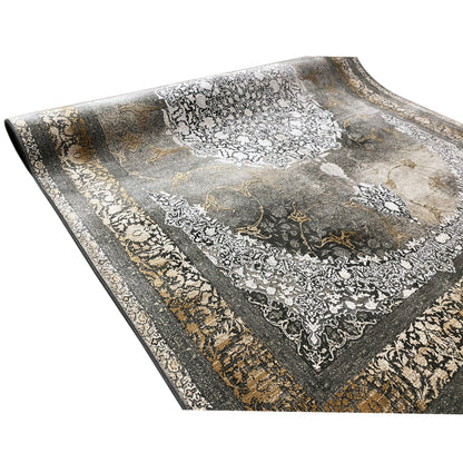 Square rug, smoky brown with Baroque ornaments in white and gold