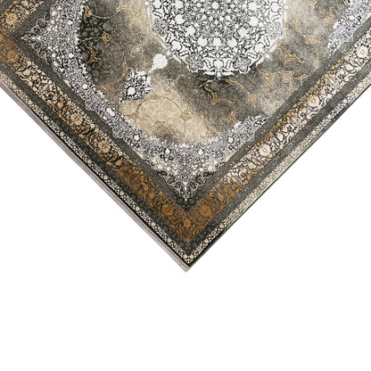 Rug 170x240 cm, wide ornamental pattern in gray-smoky brown with a gold-colored border