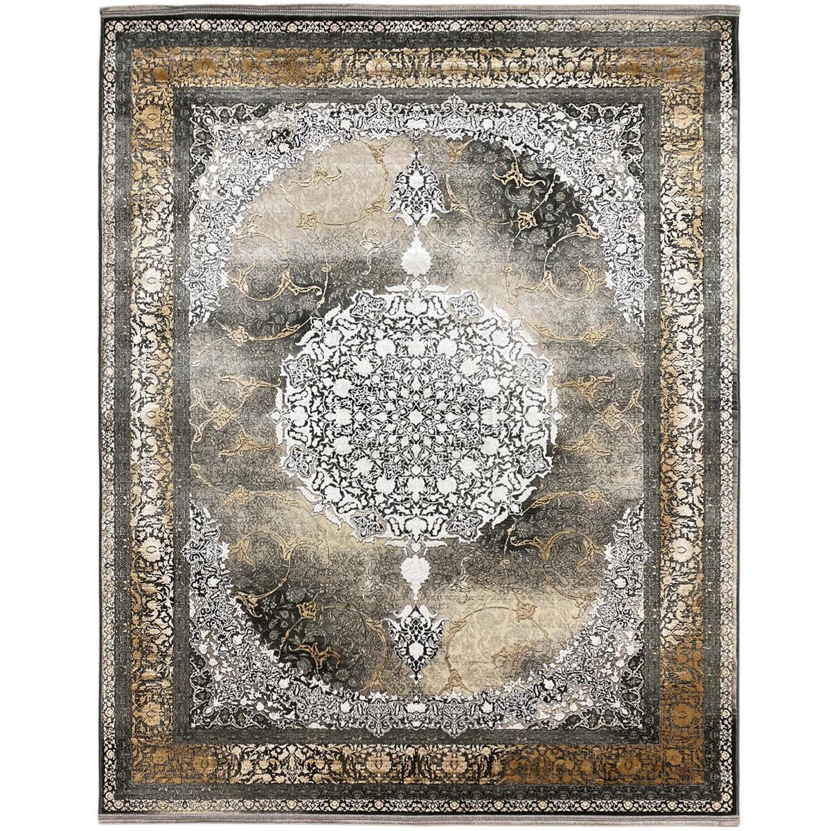 Rug 170x240 cm, square medallion pattern in gray and smoky brown with border