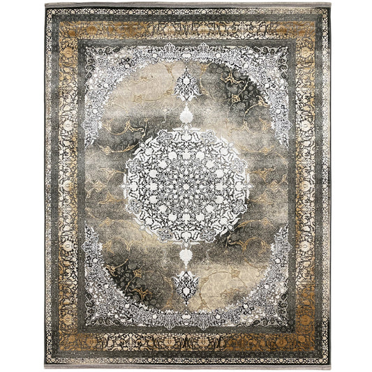 Rug 170x240 cm, square medallion pattern in gray and smoky brown with border