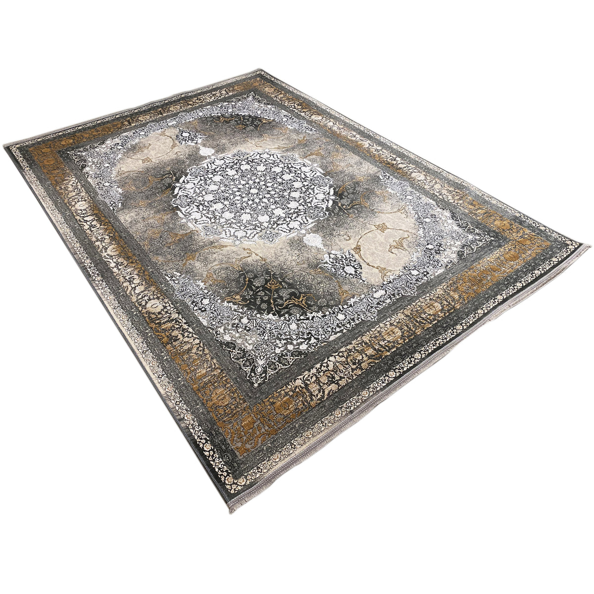 Rug 170x240 cm, diagonal view: gray-brown pattern with gold-colored accents