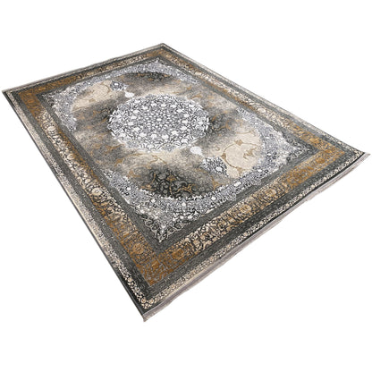 Rug 170x240 cm, diagonal view: gray-brown pattern with gold-colored accents