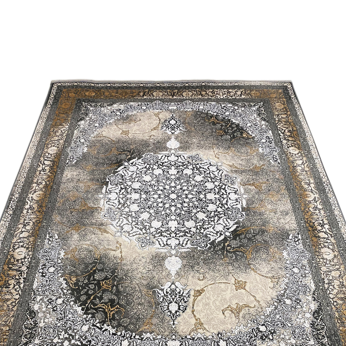 Rug 170x240 cm, close-up of the central motif: white ornament on gray-smoky brown
