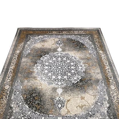 Rug 170x240 cm, close-up of the central motif: white ornament on gray-smoky brown