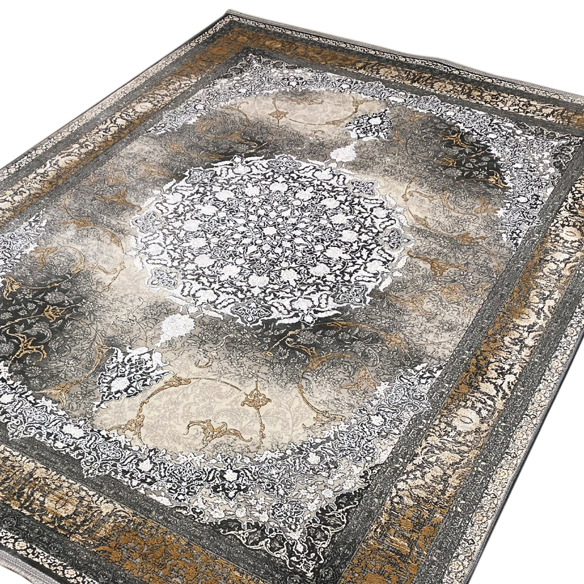 Rug 170x240 cm, detail view: decorative border in gray-smoky brown with gold tones