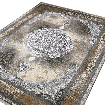 Rug 170x240 cm, detail view: decorative border in gray-smoky brown with gold tones