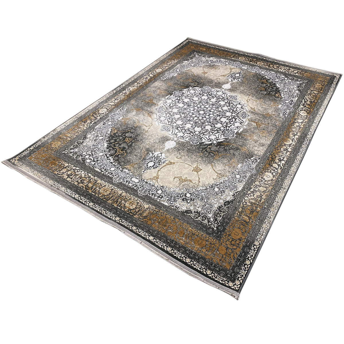 Rug 170x240 cm, side view: ornamental gray-smoky brown with a gold-colored border