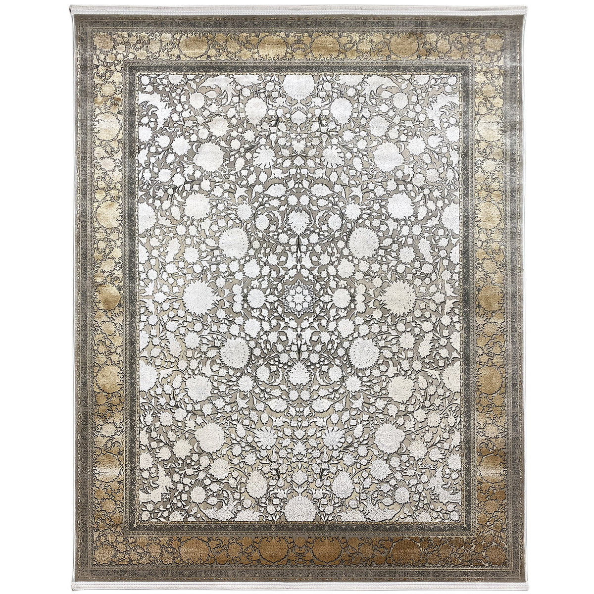 Silver-gold rug with floral ornamentation and decorative border, rectangular