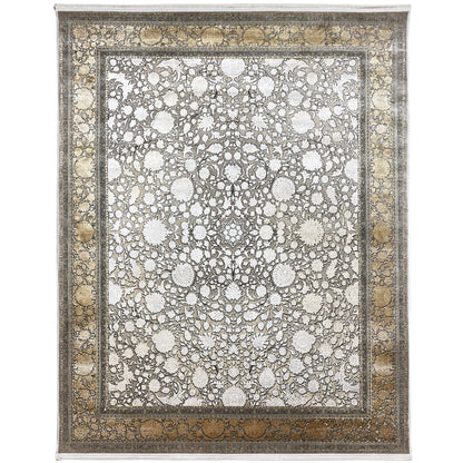 Silver-gold rug with floral ornamentation and decorative border, rectangular