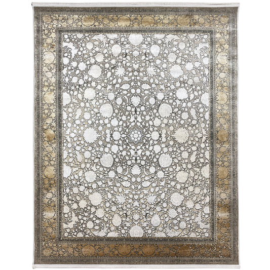Silver-gold rug with floral ornamentation and decorative border, rectangular