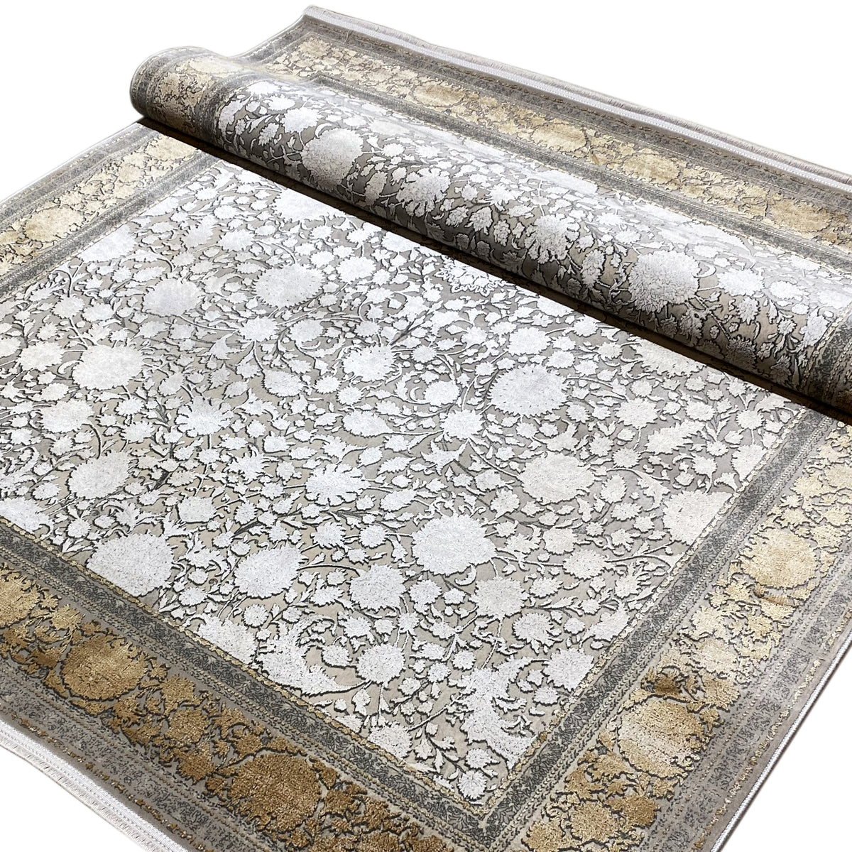 Rectangular rug with a silver-gray pile ornament and gold border, 170x240 cm