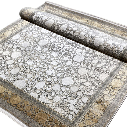 Rectangular rug with a silver-gray pile ornament and gold border, 170x240 cm