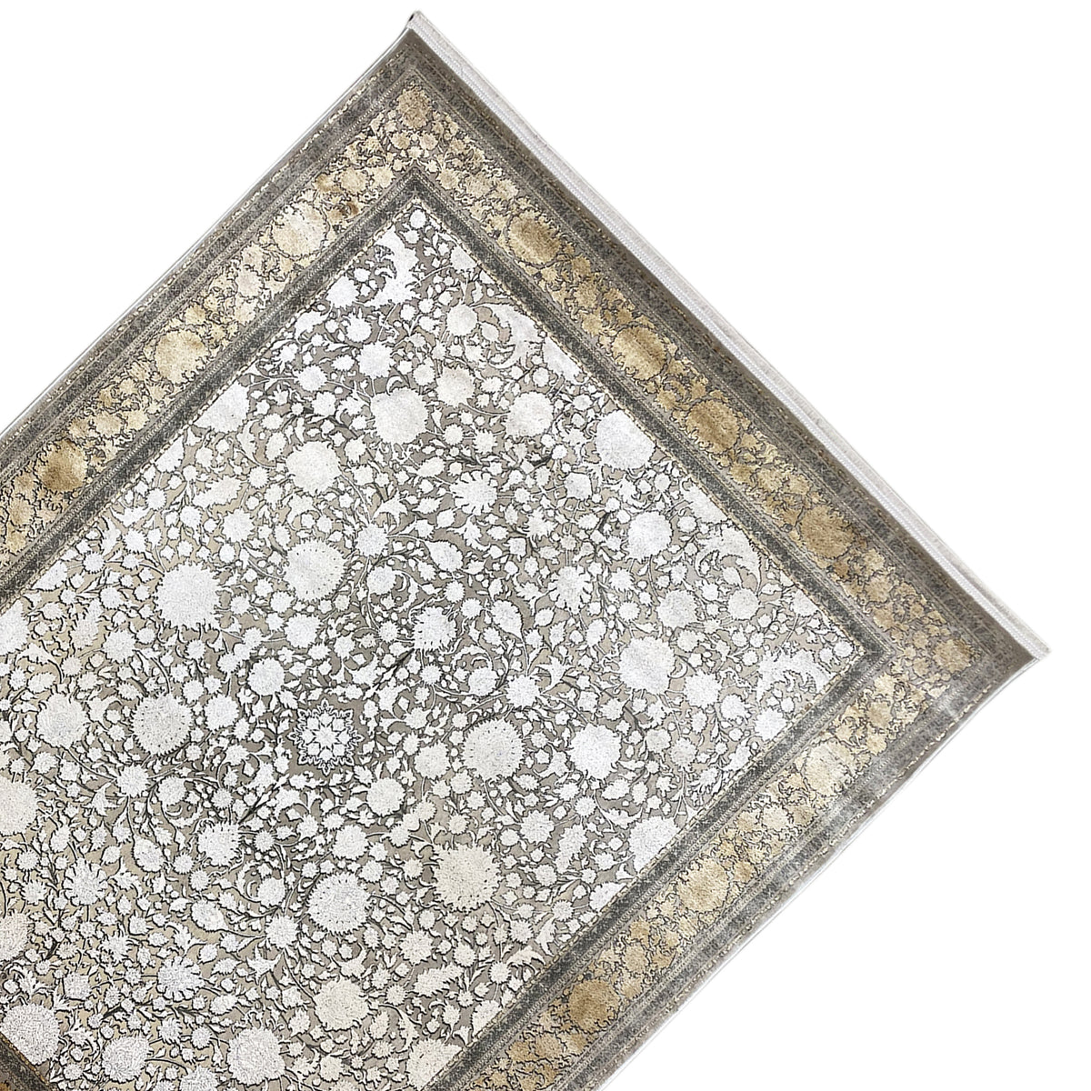 Rectangular silver-gold rug with floral patterns, detailed decorative border