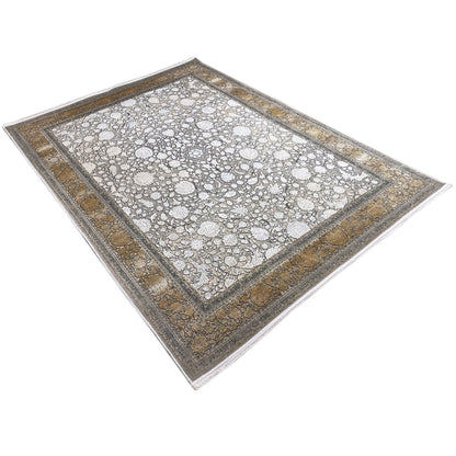 Rectangular silver-gold rug with gray pile and gold-colored borders