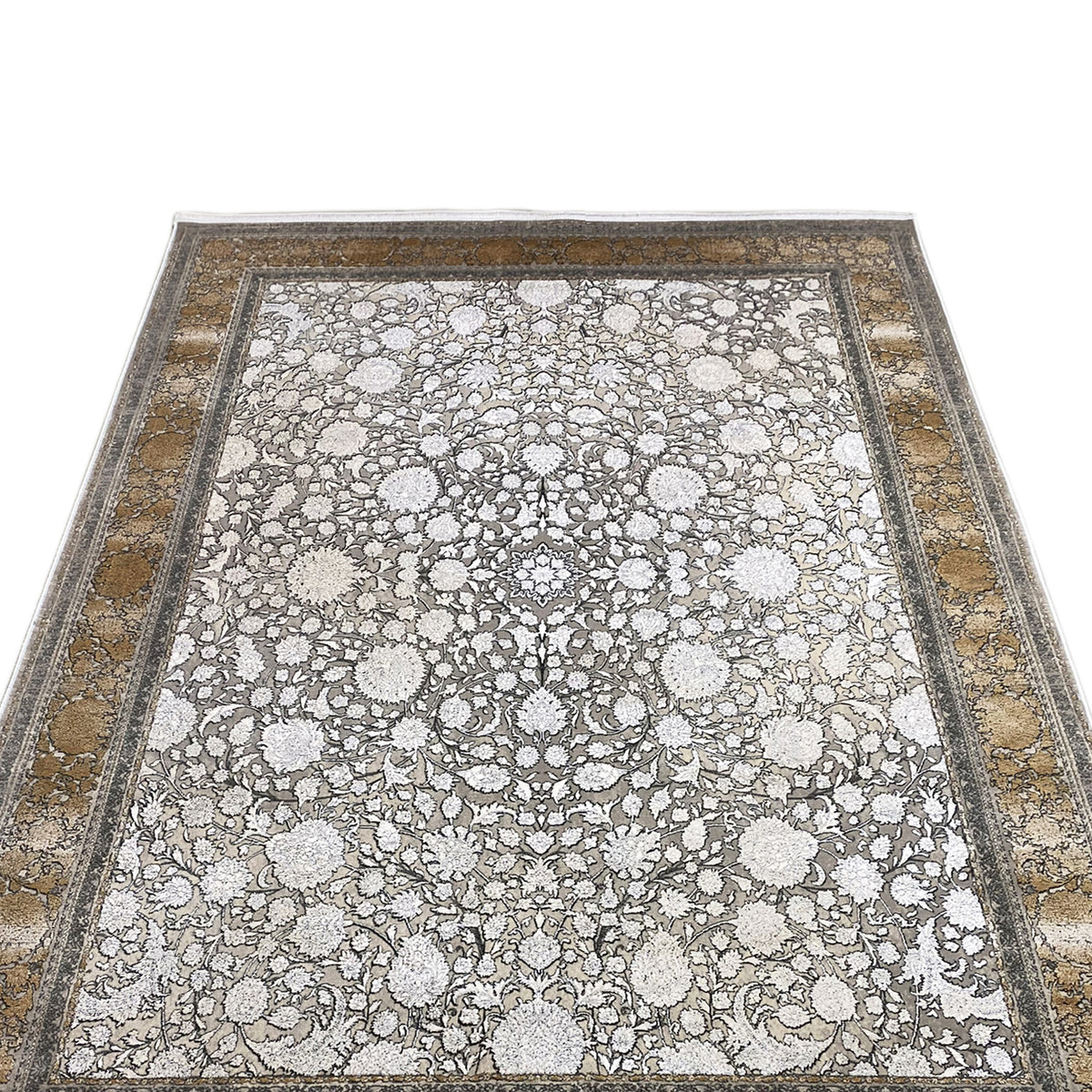 Silver-gold rug with a large-scale floral pattern and decorative borders