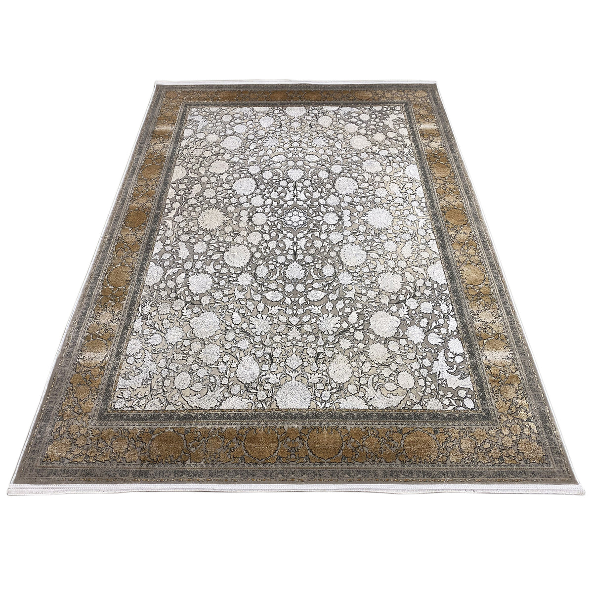 Rectangular silver-gold rug with border, silver-gray background and light pattern