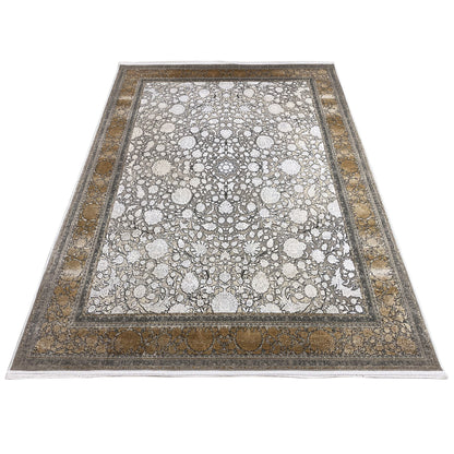 Rectangular silver-gold rug with border, silver-gray background and light pattern