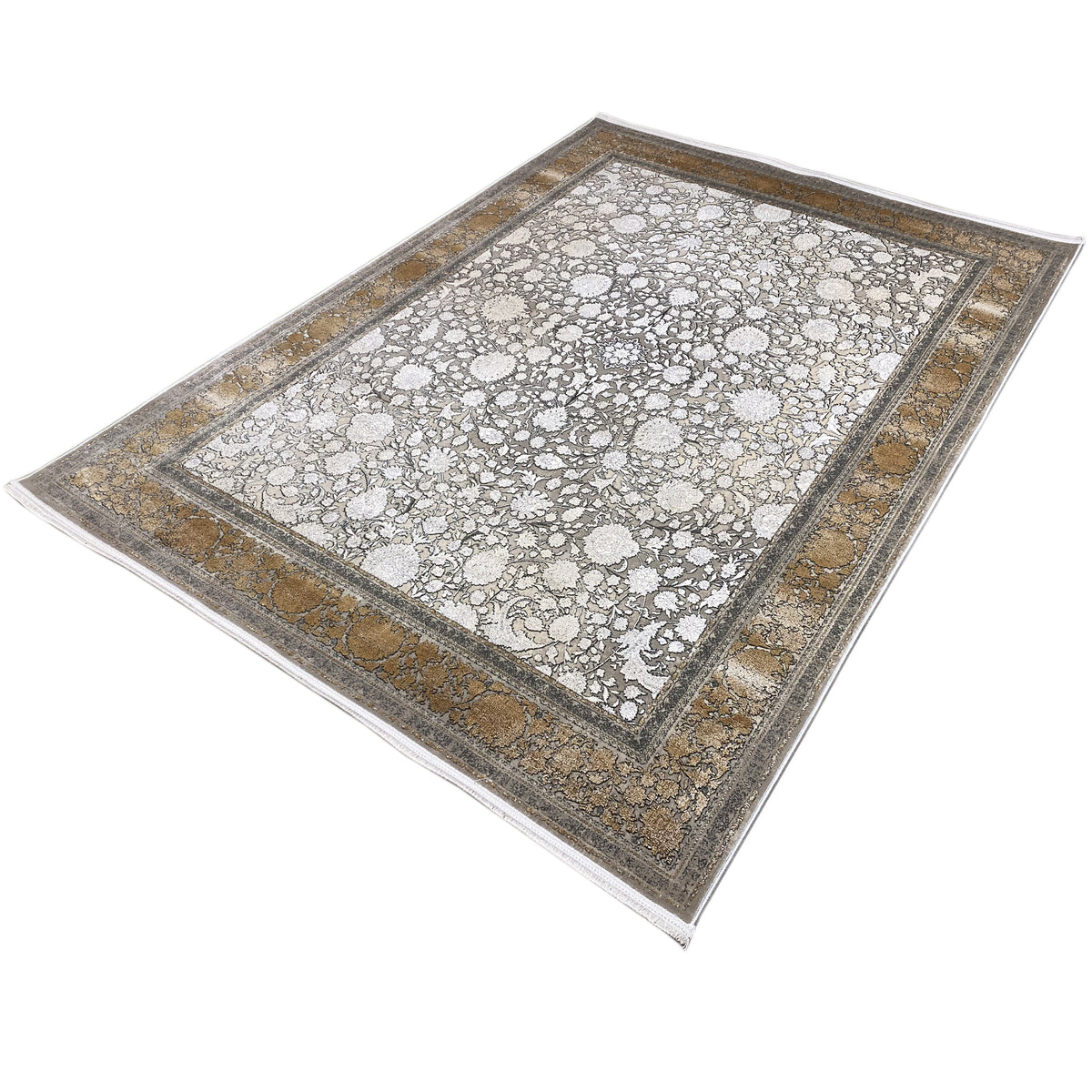 Rug with a silver-gray background, gold border, and many white floral ornaments