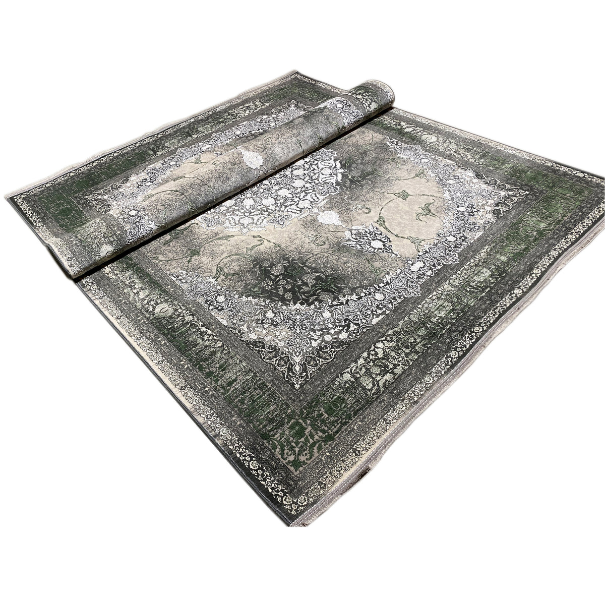 Rug 170x240 cm with ornamental border and rolled edge in gray/green/white