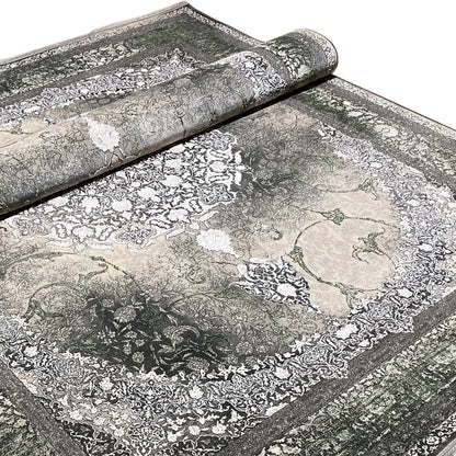 Rug 170x240 cm with a rolled border and delicate gray/green ornaments