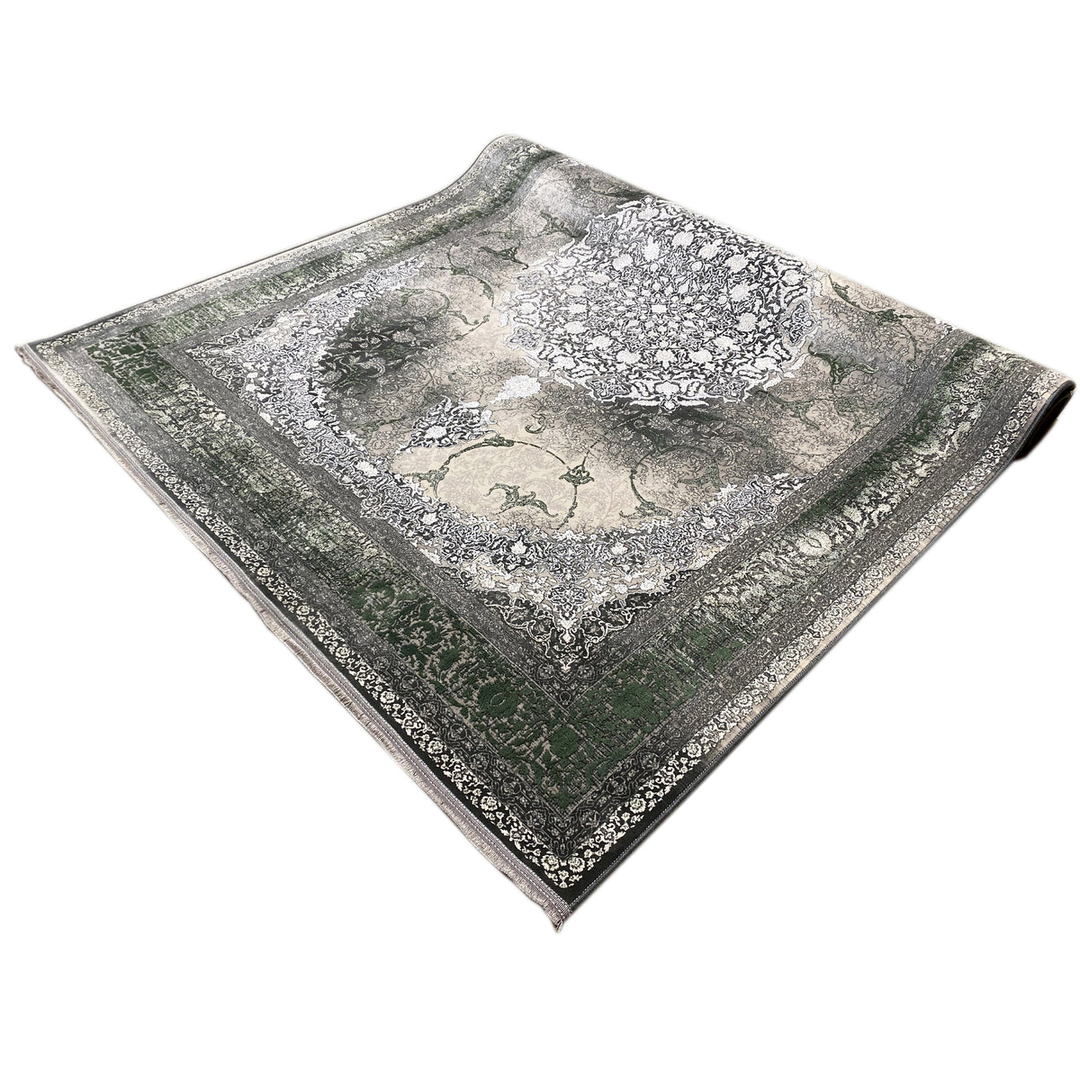 Flat-laid 170x240 cm rug: decorative border and central medallion in gray/green