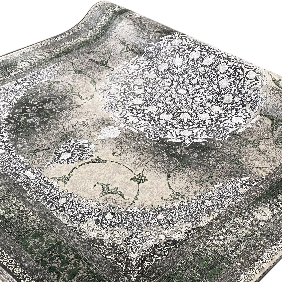 Rug 170x240 cm with a large medallion and dense ornamental pattern in gray and green